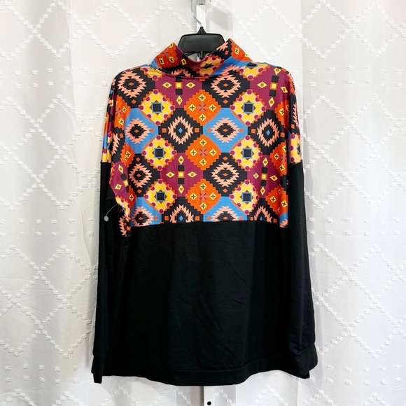 🎲 359. Boho Aztec Print 1/4 Zip Pullover Hoodie Black Multicolor XXL NWOT - Picture 6 of 9
